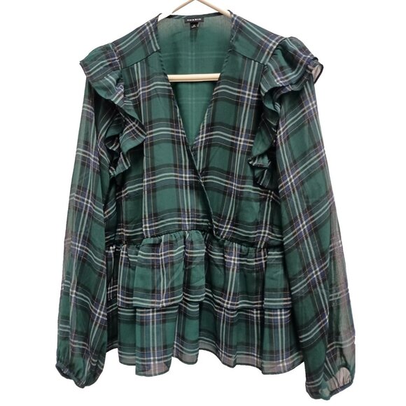 torrid Tops - Torrid BOHO Top Size 2X Green Plaid Chiffon Ruffle Long Sleeve Peplum Crop